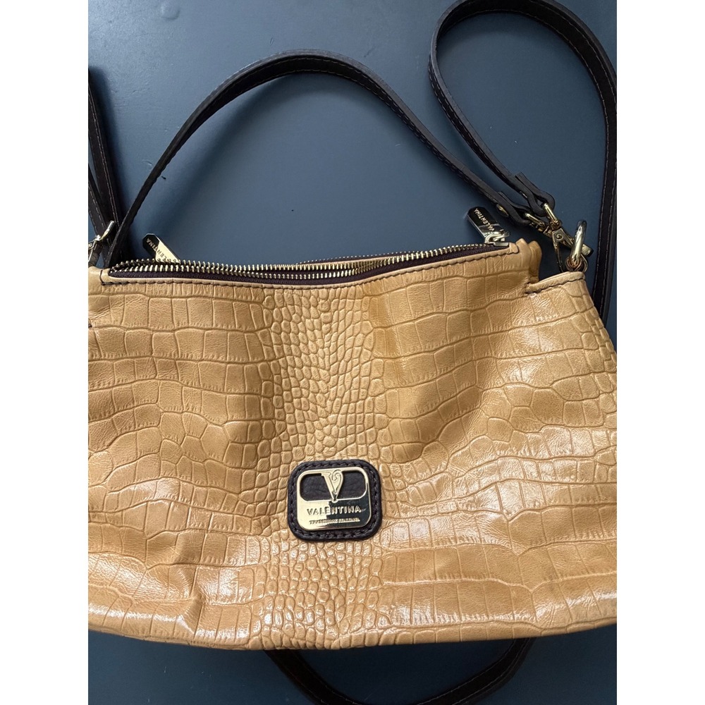 Valentina Tan Croc Embossed Leather Crossbody Bag Made in Italy Brown Trim